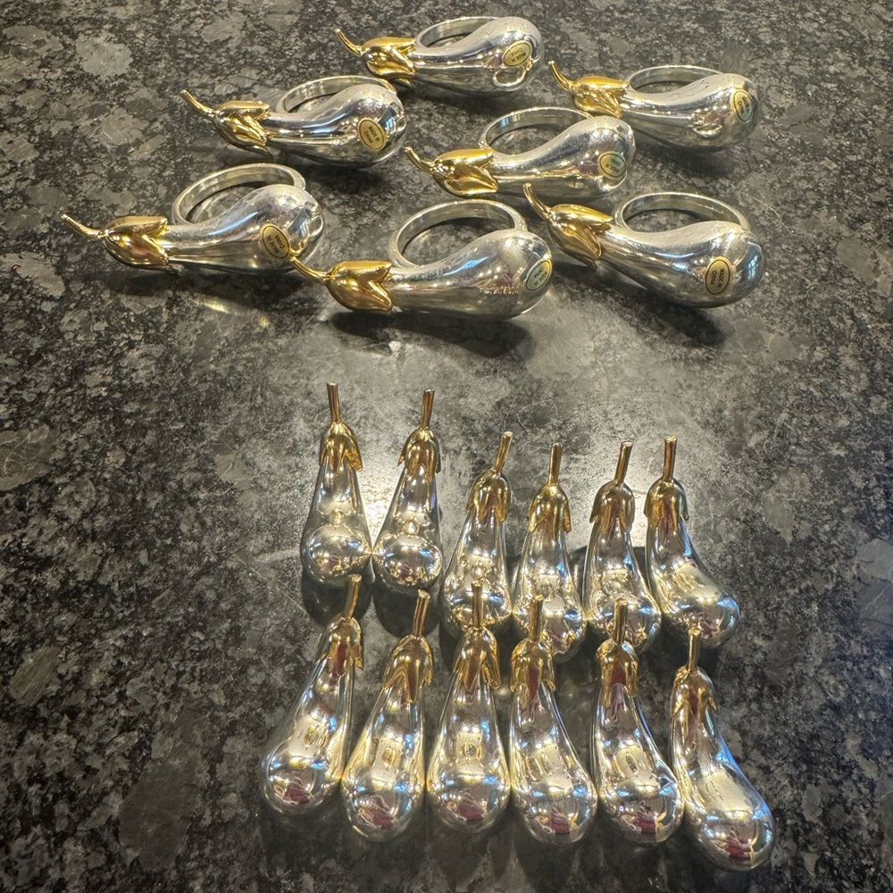 Silver & Gold Metal Eggplant Knife Rests (Set of 12) and Napkin Rings (Set of 7)